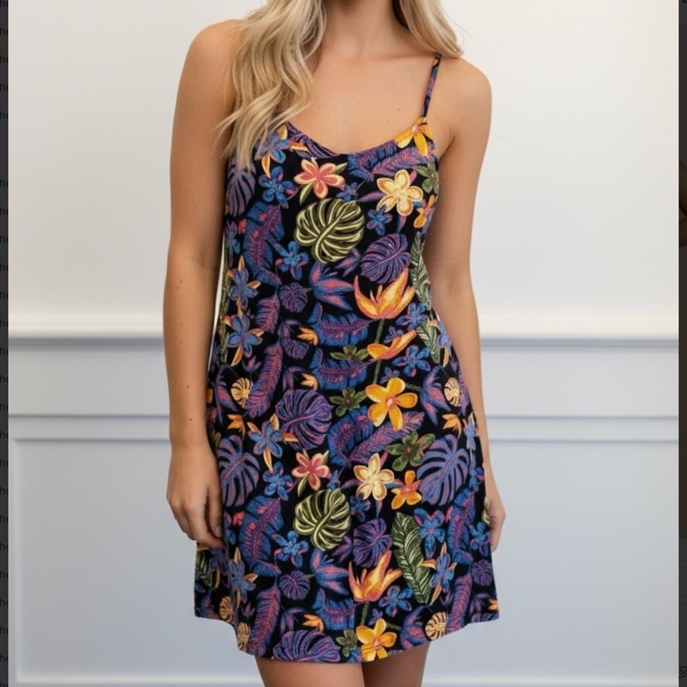 Vans XL Tropical Floral Slip Dress Black Multi Color Spaghetti Strap Summer